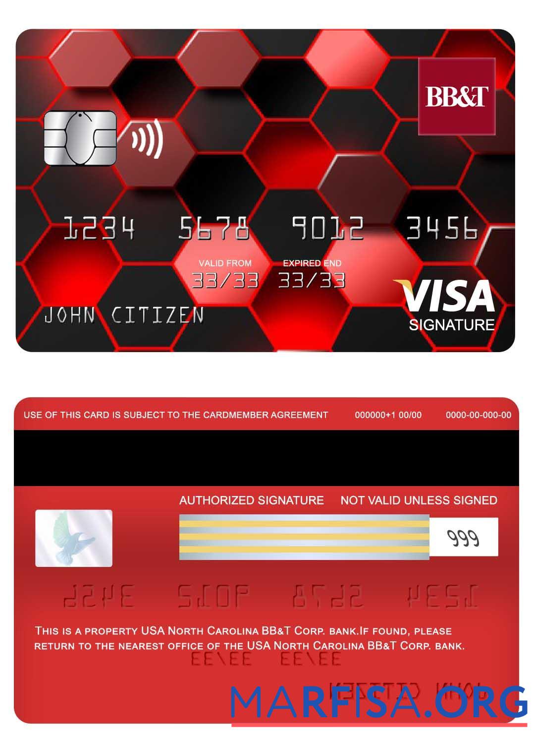 Printable USA North Carolina BB&T Corp. bank visa signature card example